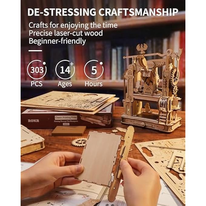 3D PUZZLE FOR ADULTS, WOODEN PUZZLES CLASSIC PRINTING PRESS MODEL BUILDING KITS, DIY WOOD CRAFTS COOL TOYS FOR BIRTHDAY, STEM HOBBIES FOR WOMEN MEN (LK602) - Image 3